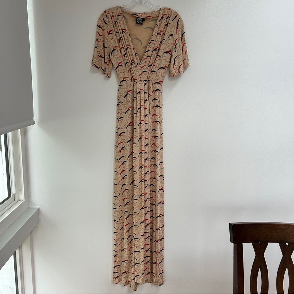 Nancy Dee Maxi Dress Bamboo Stretchy Flutter Buttermilk Luna Pattern EUC UK8/USS